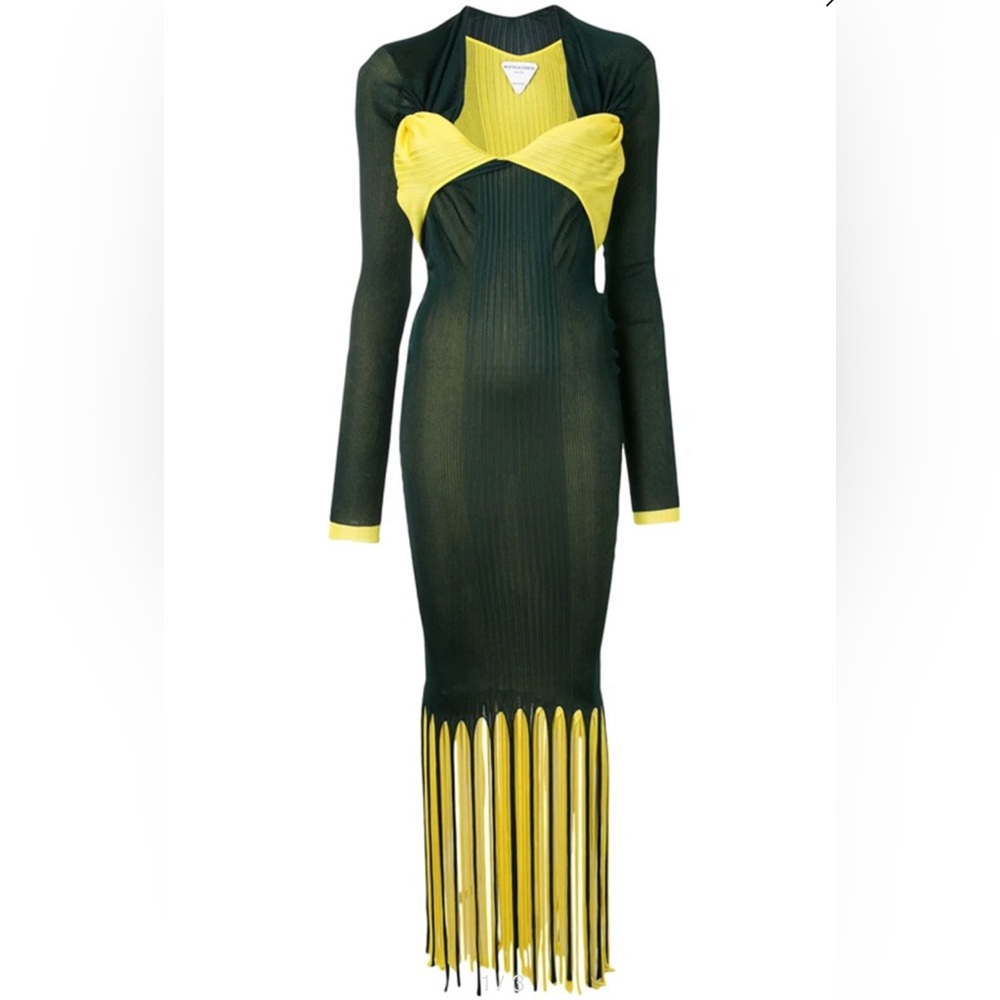 BOTTEGA VENETA RIBBED FRINGE-HEM DRESS IN GREEN